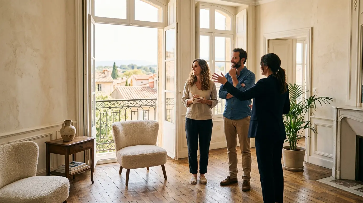 Couple visitant un appartement lumineux à Aix-en-Provence accompagné d'un professionnel de l'immobilier