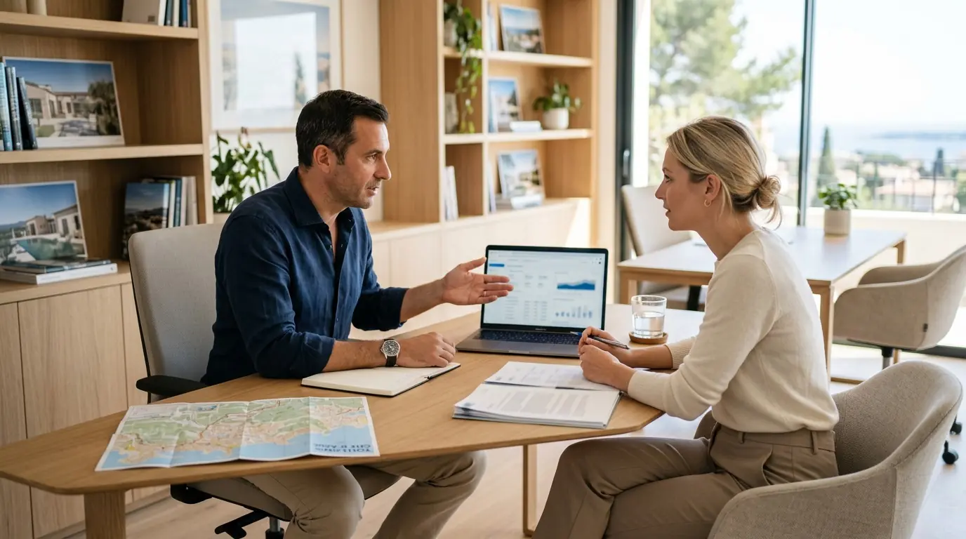 Professionnel de l'immobilier comparant des opportunités avec un acquéreur à Aix-en-Provence