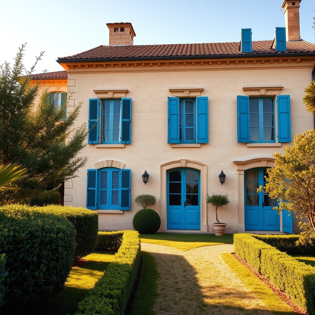 Estimation maison Aix-en-Provence : facade d'une villa provençale avec volets bleus et jardin