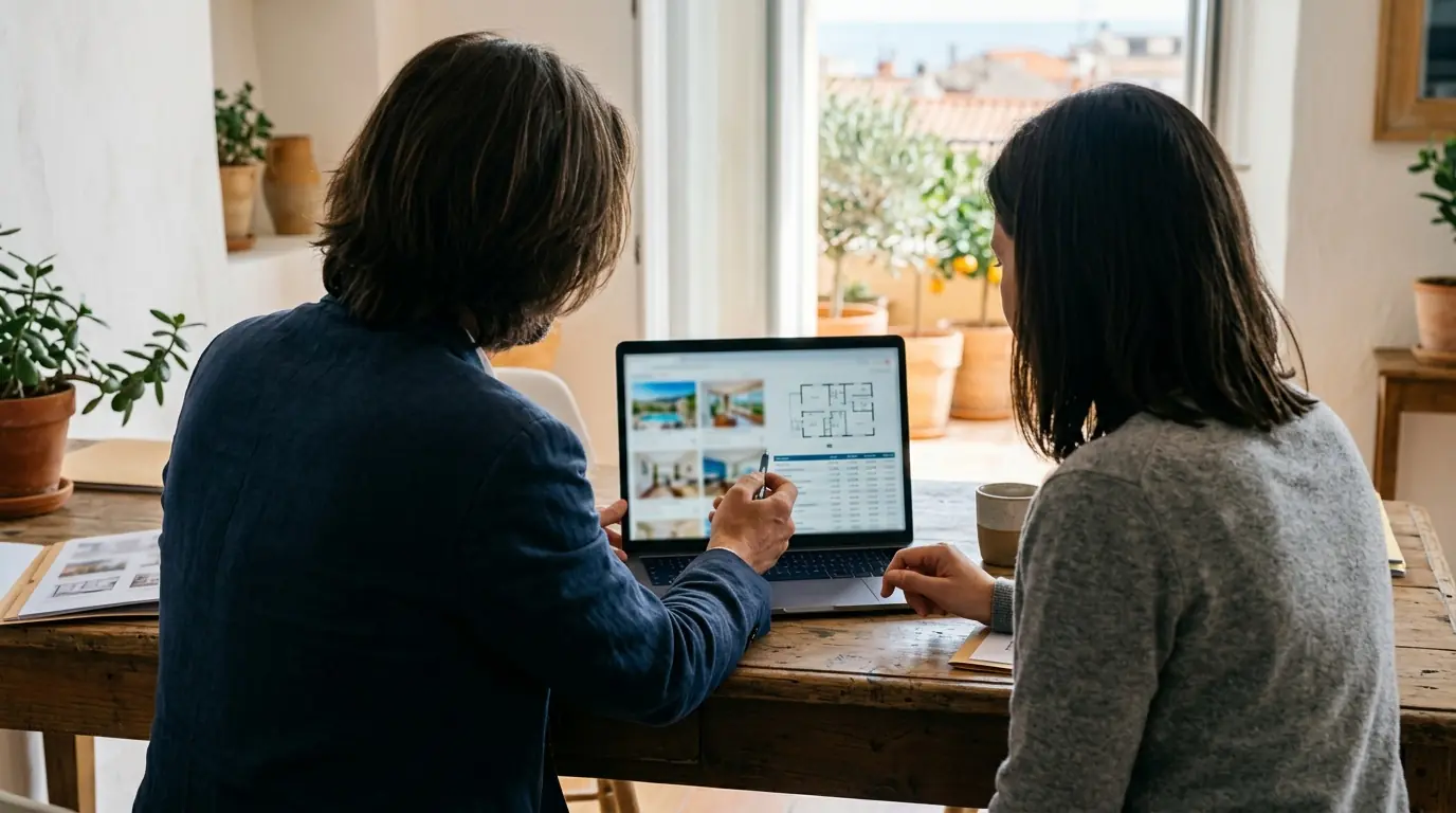 Conseiller immobilier analysant un dossier de biens avec un acquéreur pour une recherche à Aix-en-Provence
