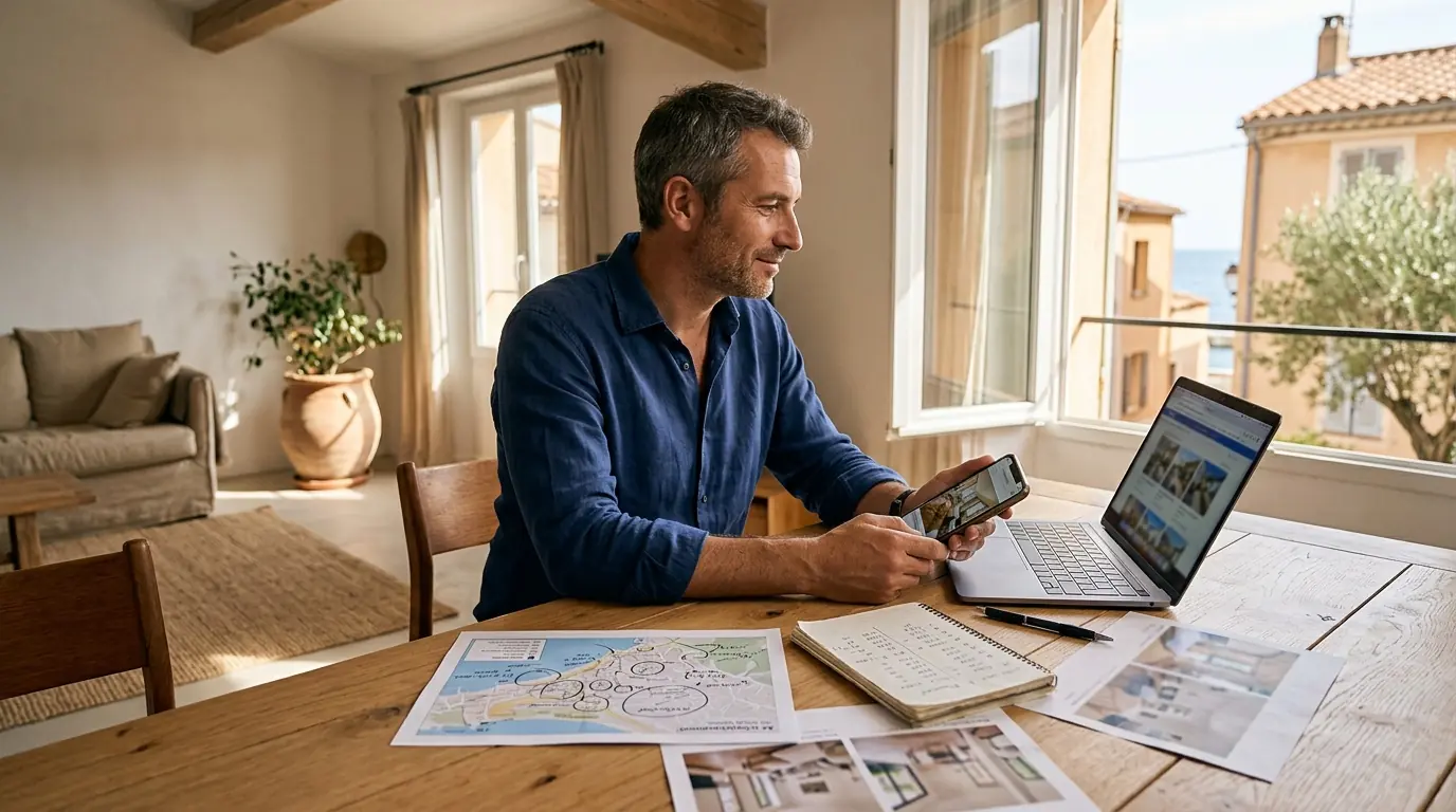 Acquéreur comparant plusieurs annonces immobilières dans un intérieur lumineux à Aix-en-Provence