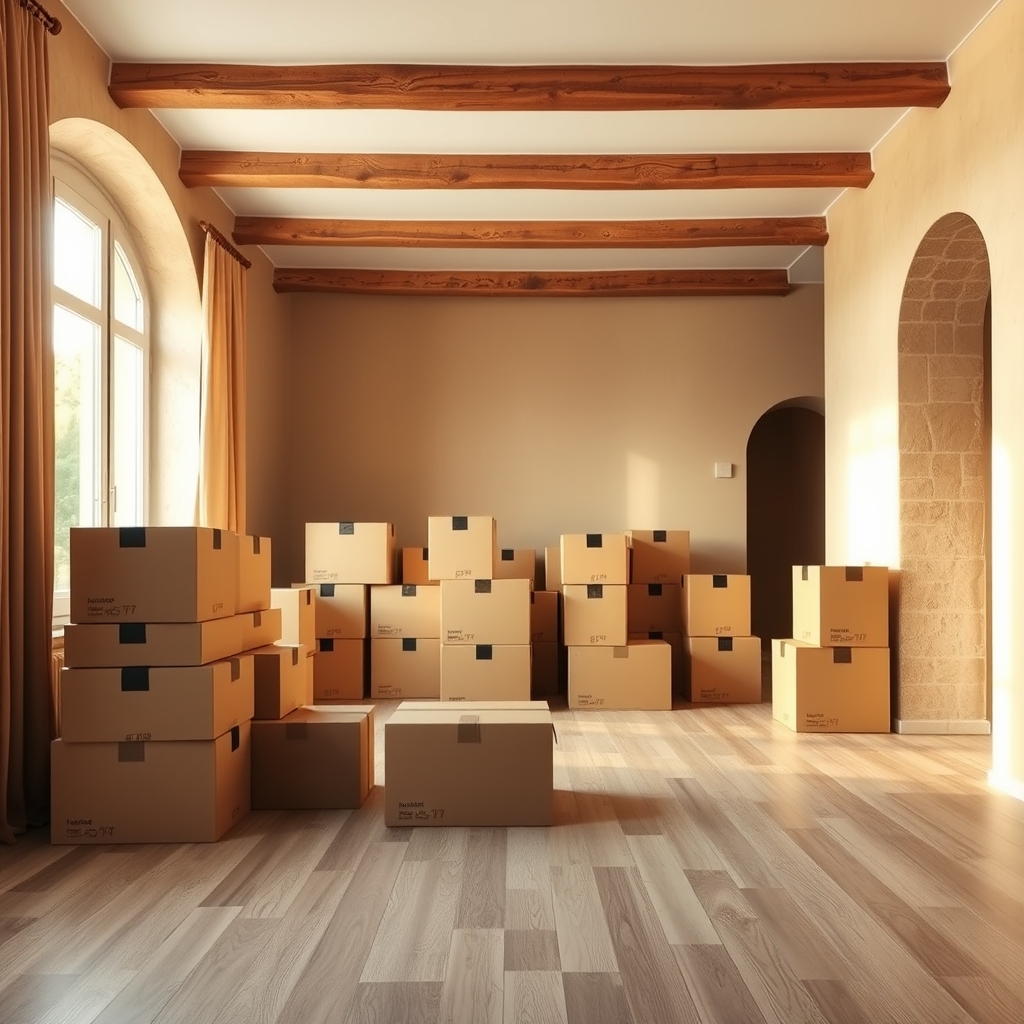 Vendre avant d'acheter Aix-en-Provence : cartons de déménagement dans un salon lumineux