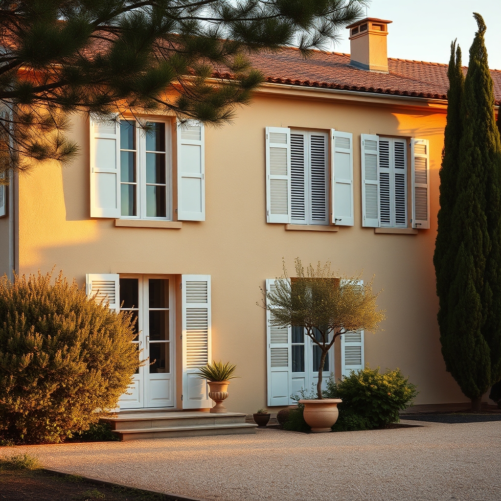 Vente succession Aix-en-Provence : maison familiale provençale aux volets fermés, lumière du soir