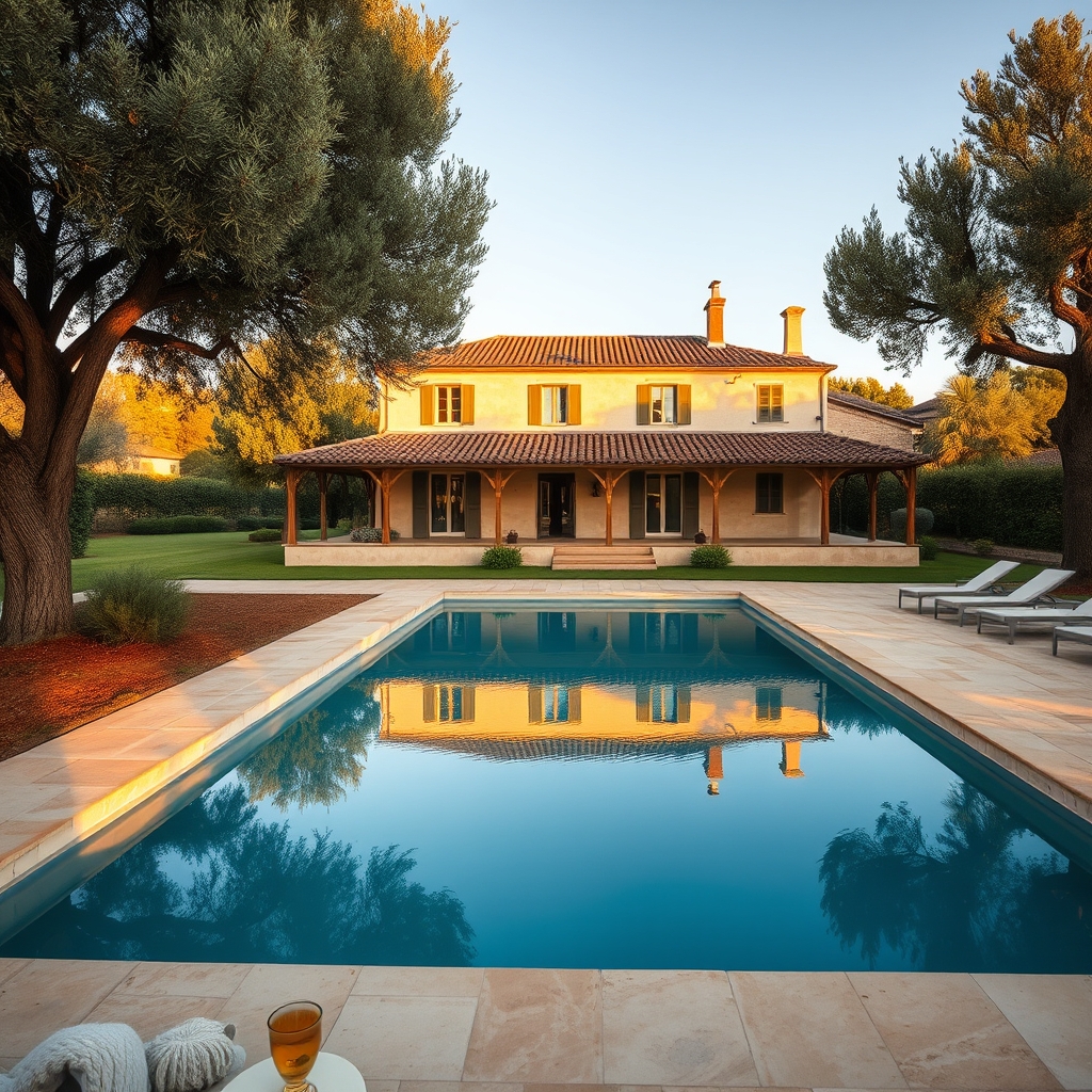 Vendre maison Aix-en-Provence : mas provençal avec piscine et oliviers en fin de journée